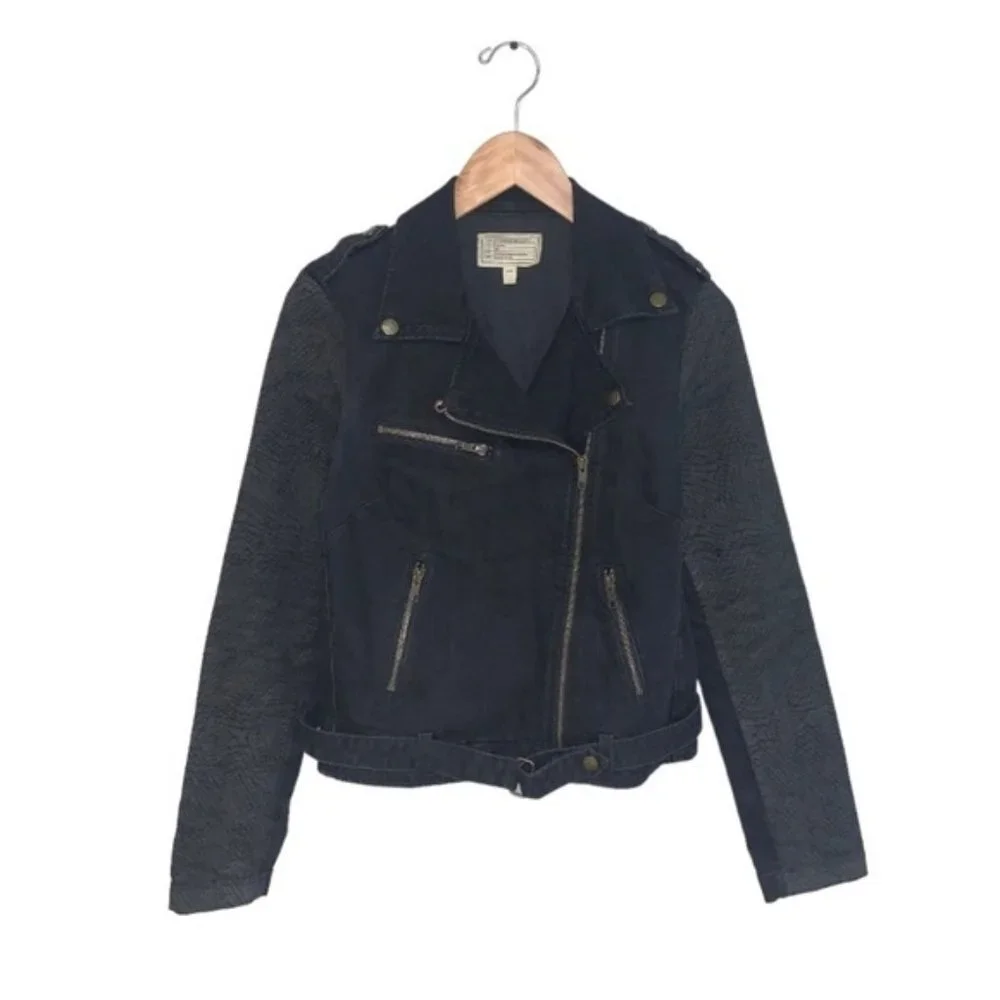 Current/Elliott Biker Jacket Size Small Black‎ Grey Dark Denim Moto 